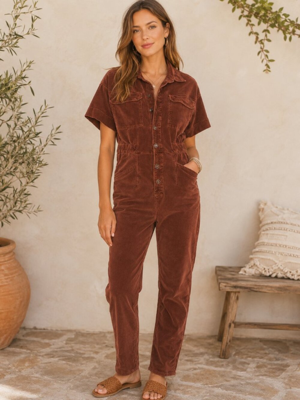 Free People We The Free Marci Cord One-Piece Jumpsuit Size L NWT Brown Utility